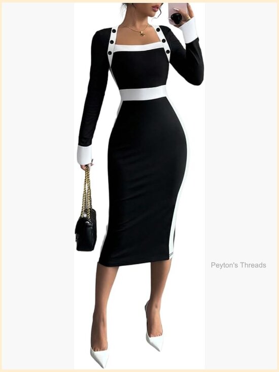 Dresses & Skirts - Long Sleeve Square Neck Bodycon Midi Dress Pencil Cocktail Party